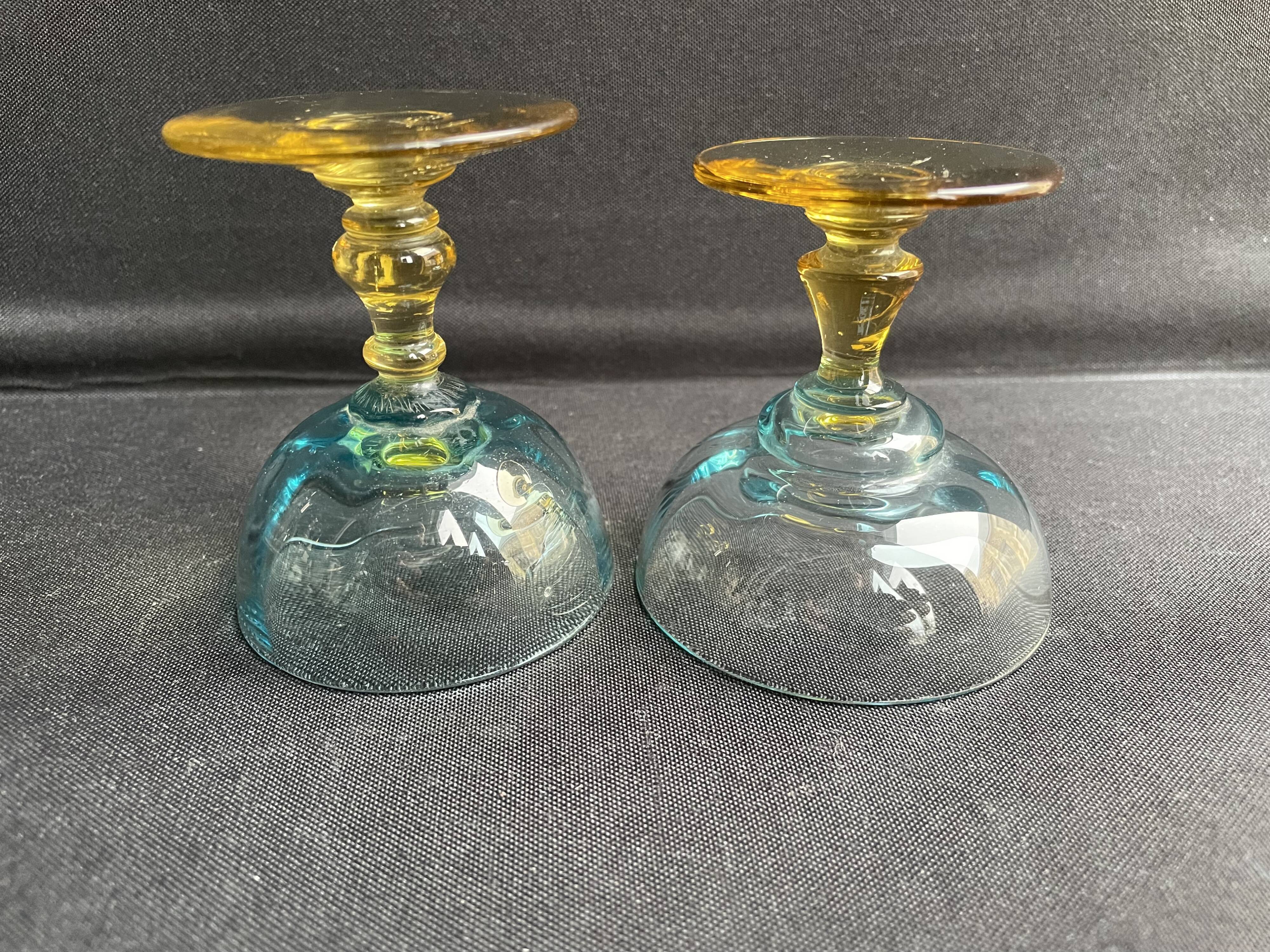 Glassware-crystallery of Portieux - 1 broc and 2 glasses - Napoleon III - Colored blown glass - G