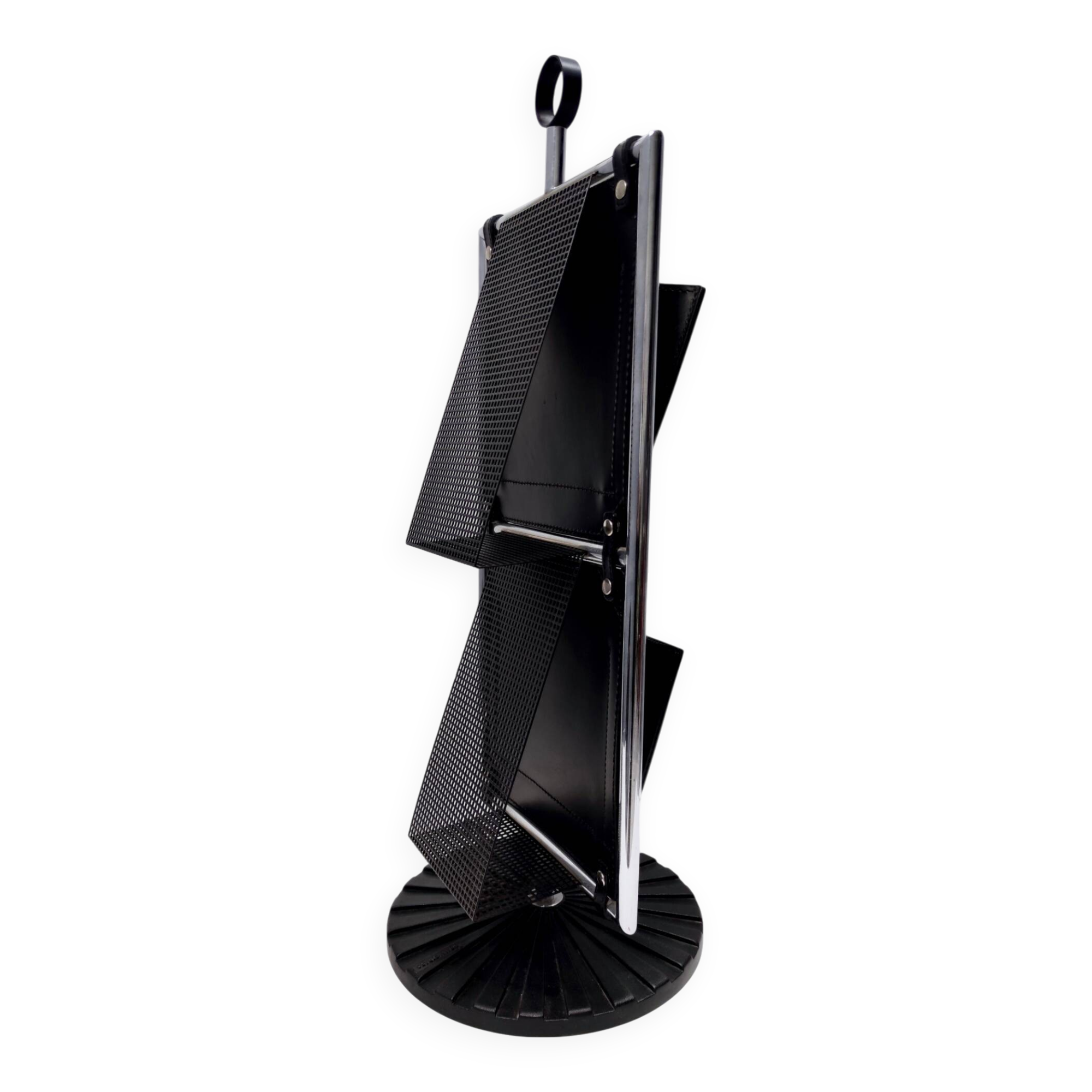 Black Leather and Chrome-Plated Metal Magazine Rack by Salmistraro, Italy