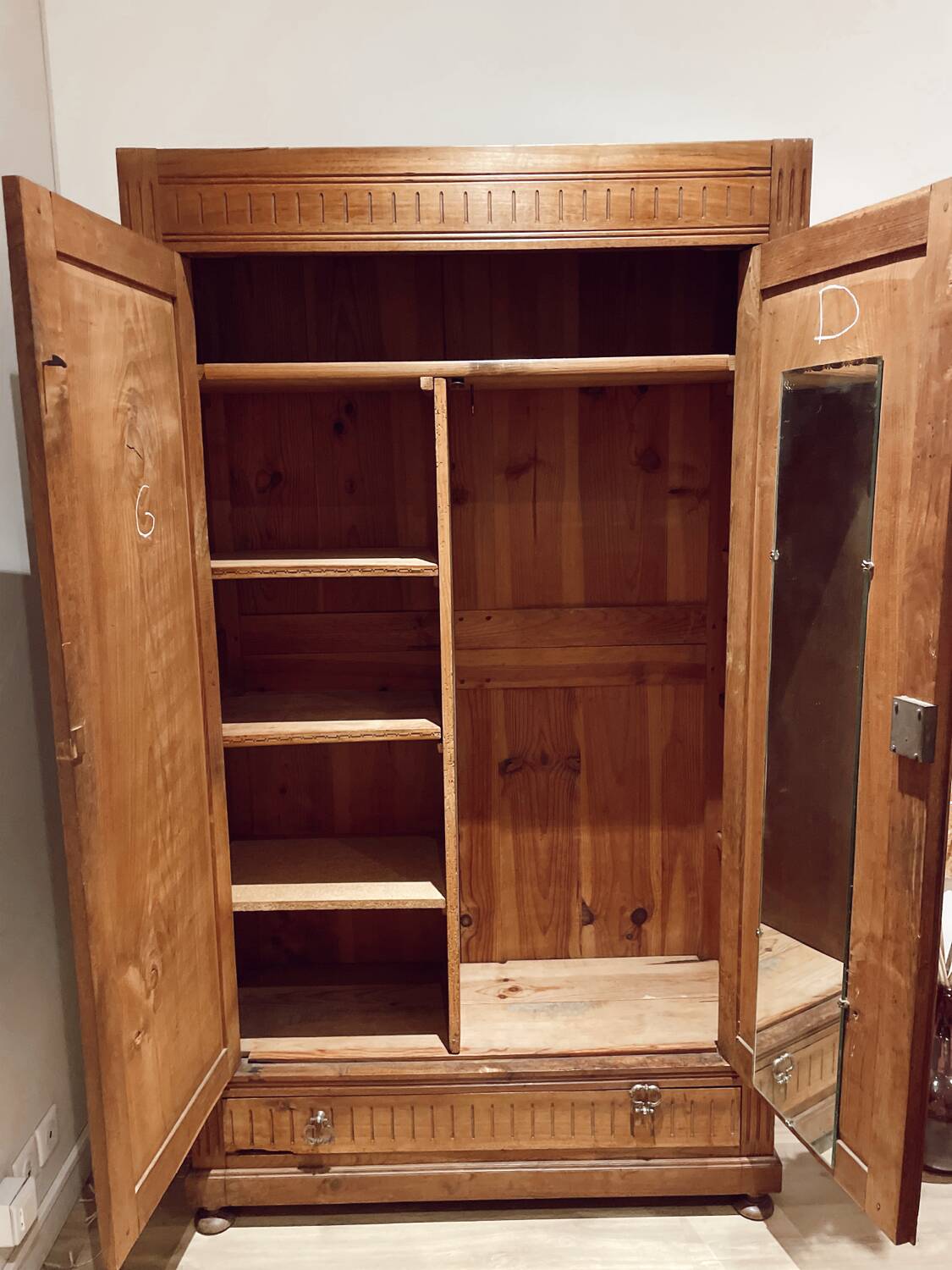 Vintage raw wood cabinet shelves and wardrobe
