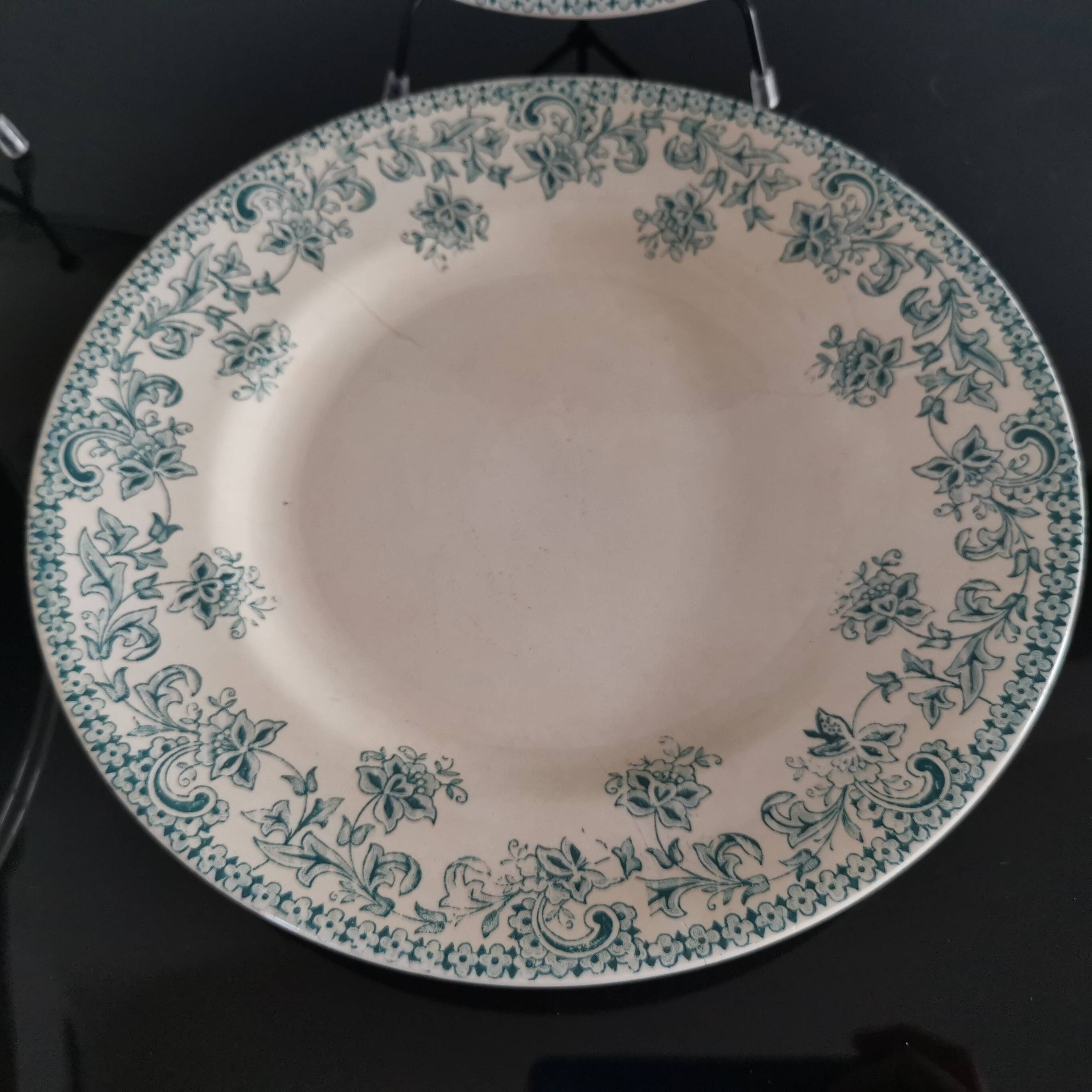 7 Jane model flat plates with dark green floral decoration Saint-Amand