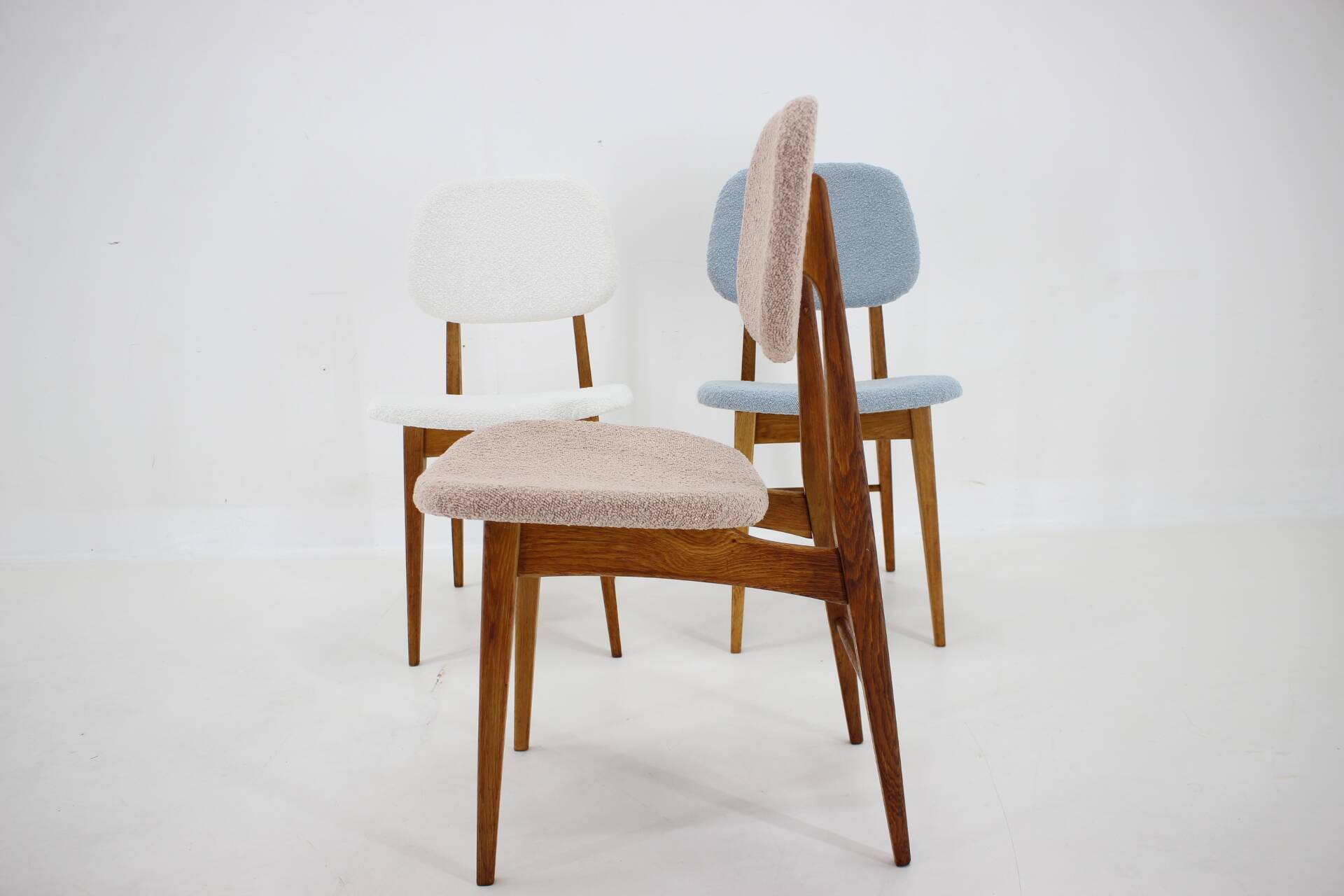 1960s Set of Three Oak Dining Chairs in Boucle, Czechoslovakia