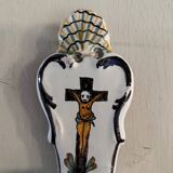 Wall-mounted holy water font in polychrome earthenware from the Nevers factory, 18th century