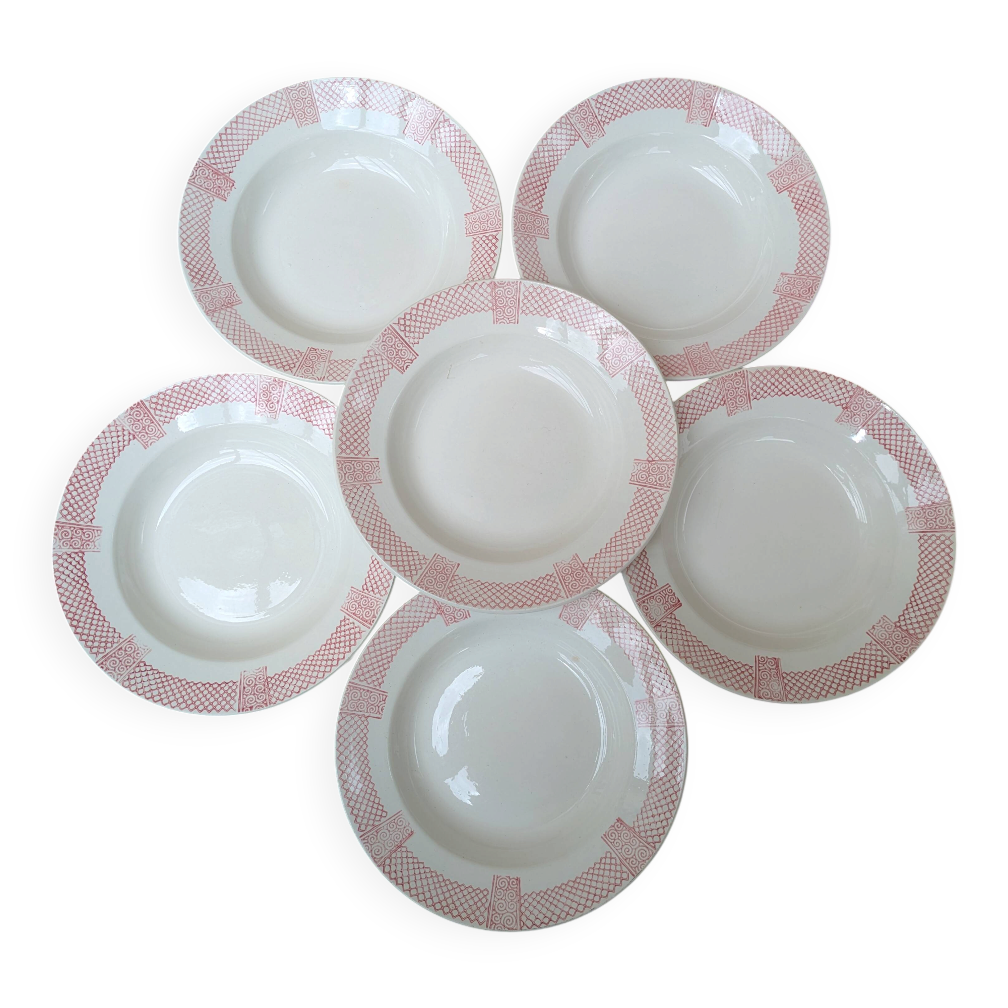 6 assiettes creuses Longwy modèle Toulouse bordure rose terre de fer