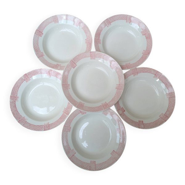 6 assiettes creuses Longwy modèle Toulouse bordure rose terre de fer