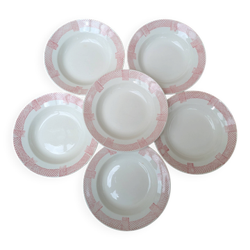 6 deep plates Longwy model Toulouse pink border ironstone