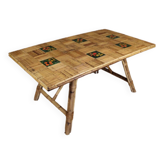 Rattan And Ceramic Dining Room Table Audoux Minnet attribution