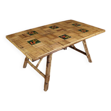 Rattan And Ceramic Dining Room Table Audoux Minnet attribution