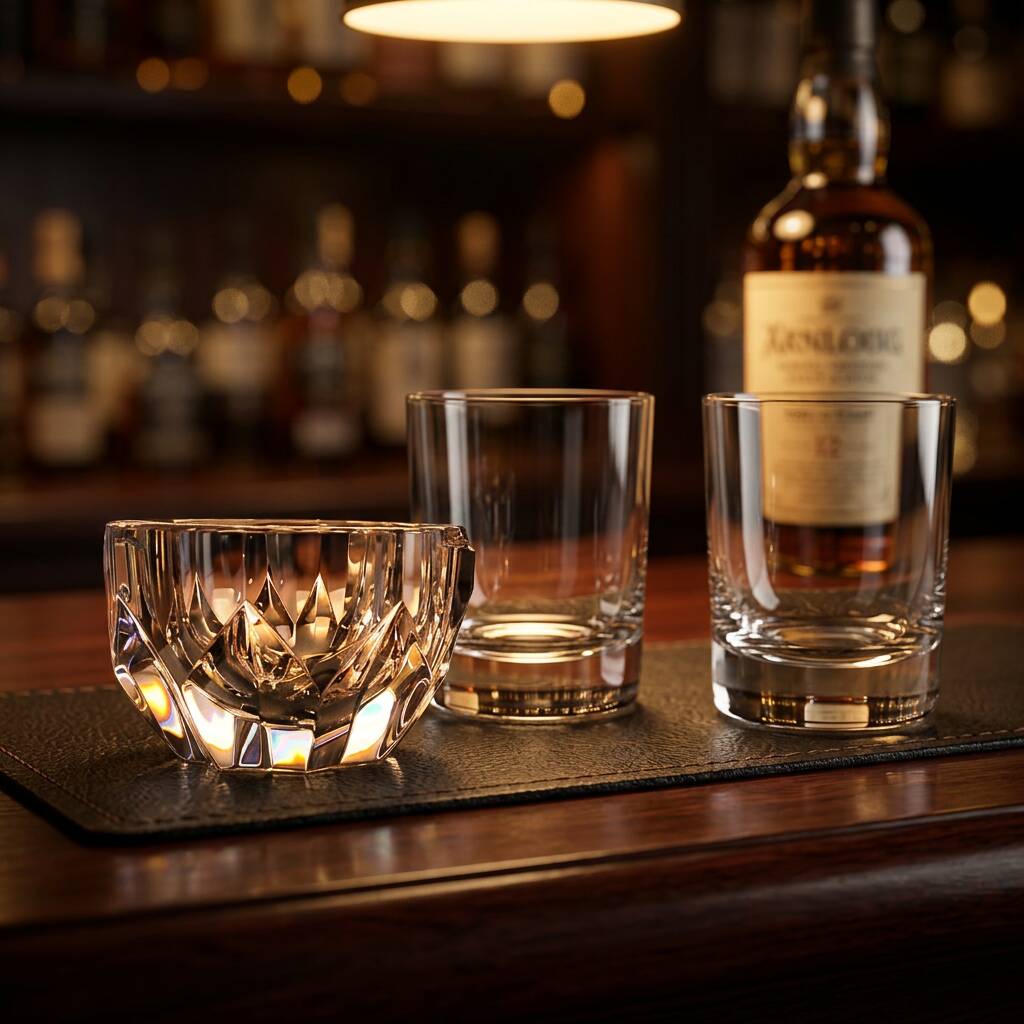 2 whisky glasses and a Baccarat crystal ashtray with stamps.