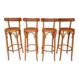 4 tabourets vintage en bois courbé et cannage
