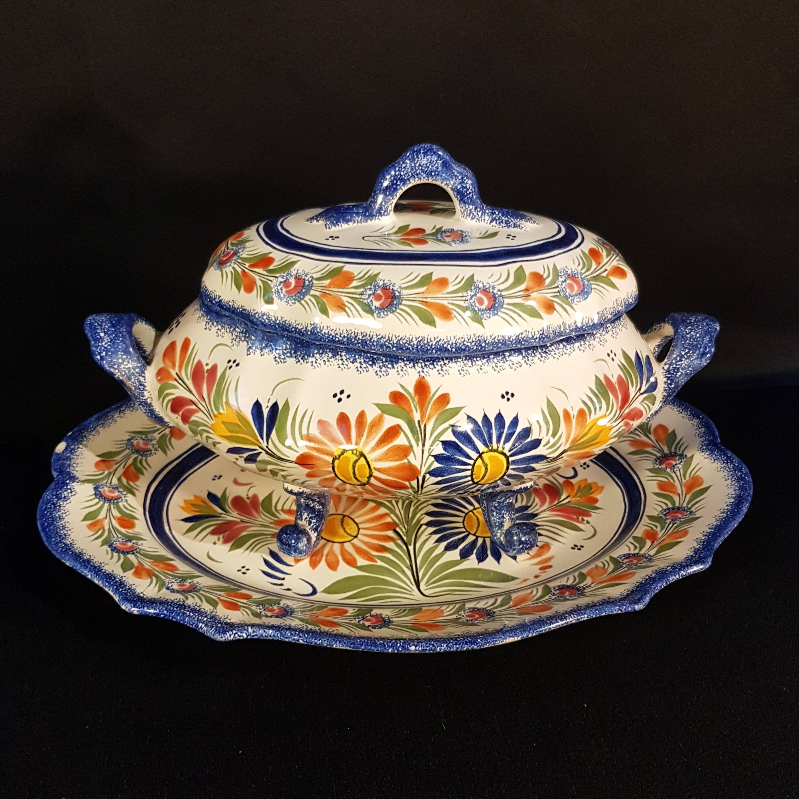 Vegetable soup tureen on Henriot Quimper display dish