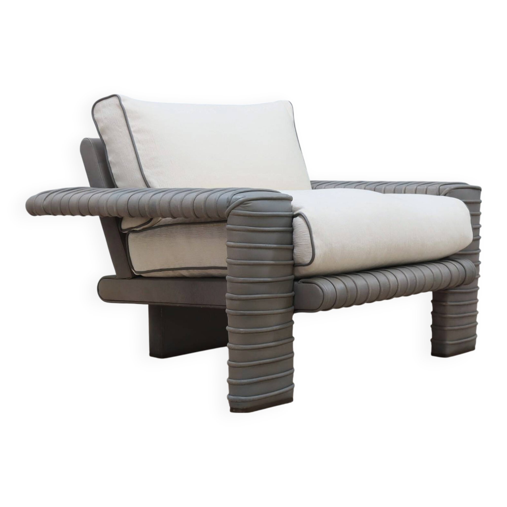 Marzio Cecchi armchair in ribbed Leather and goose down cushions 1970s