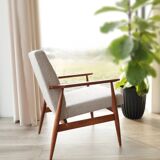 Fauteuil bouclé vintage bois couleur noyer tissu gris champagne design mid