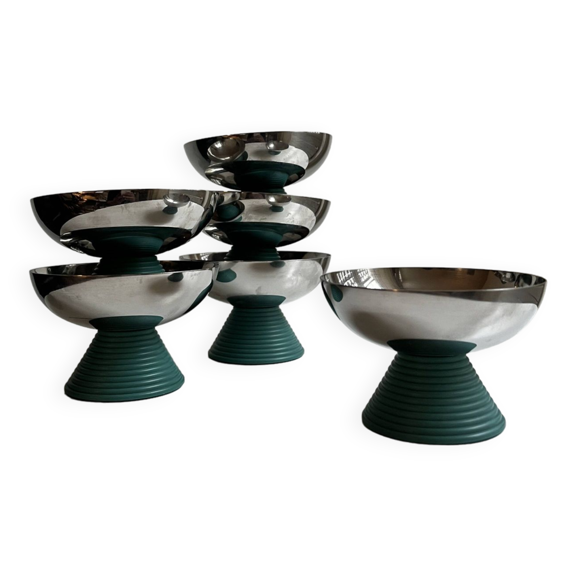 set of 6 ice cream cups in chrome metal and green plastic feet, design 1970