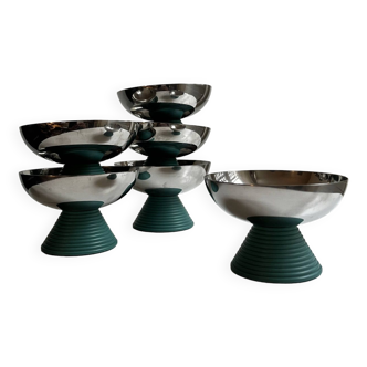 set of 6 ice cream cups in chrome metal and green plastic feet, design 1970