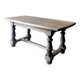 Table basse de ferme ancienne en chêne massif - pieds tournés et entretoise