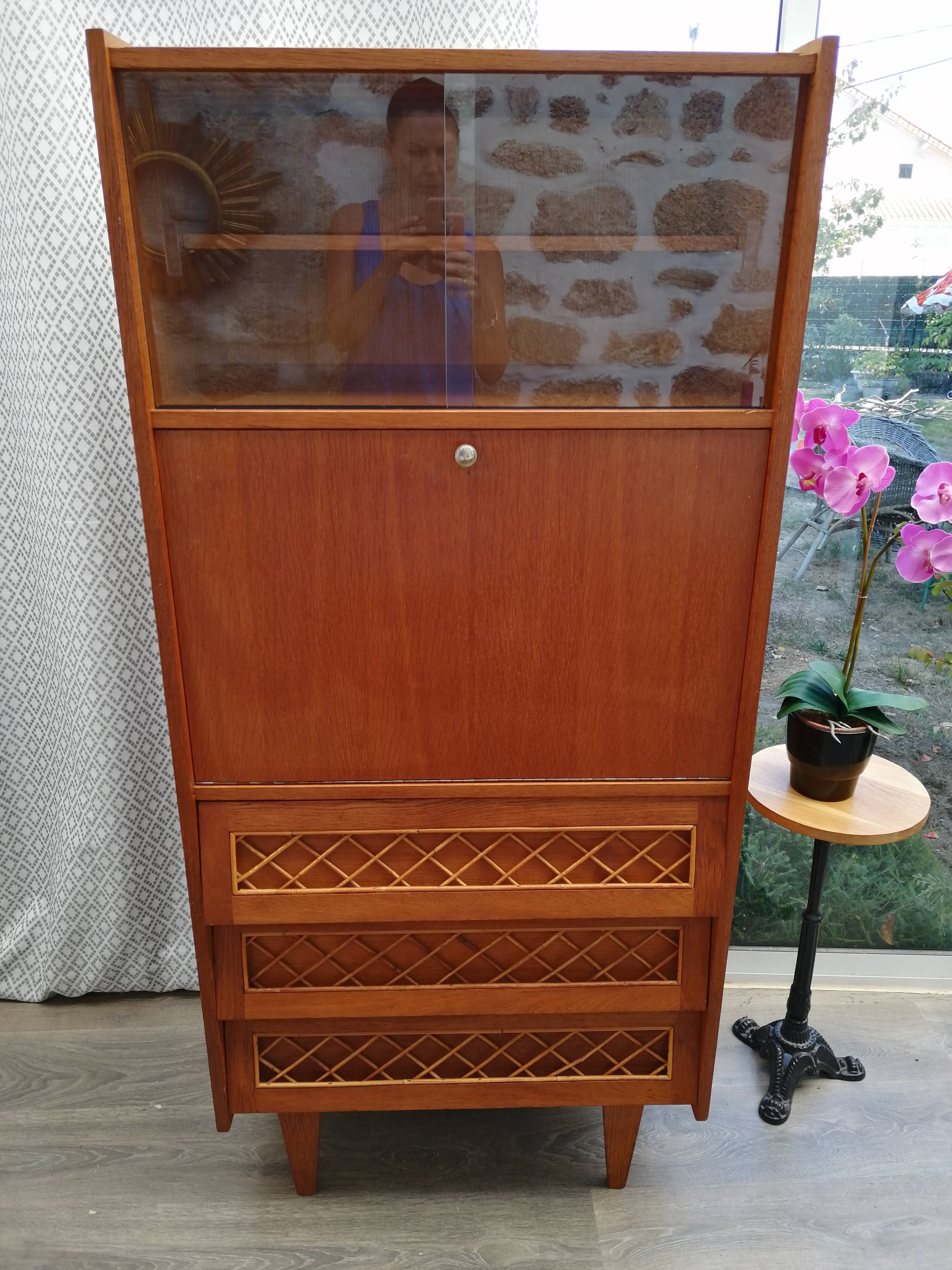 Oak and rattan secretary