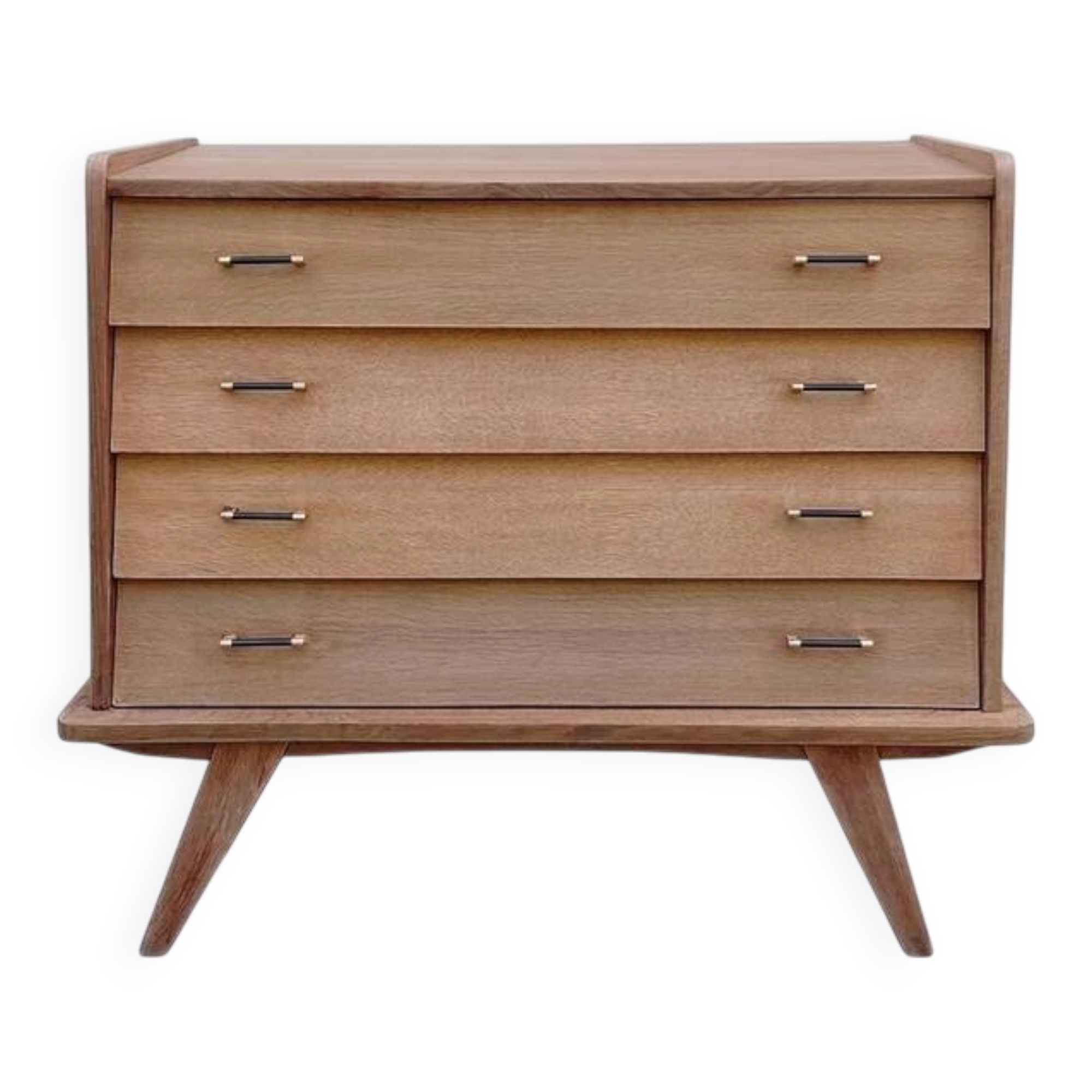 Commode vintage rénovée années 1960 en chêne profil incliné pieds compas