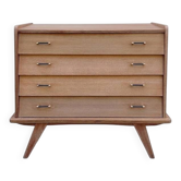 Commode vintage rénovée années 1960 en chêne profil incliné pieds compas