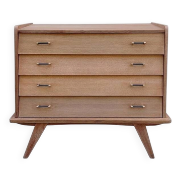 Commode vintage rénovée années 1960 en chêne profil incliné pieds compas