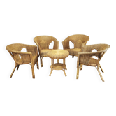 1950s Italian Rattan and Wicker Lounge Set, Four Armchairs and Table