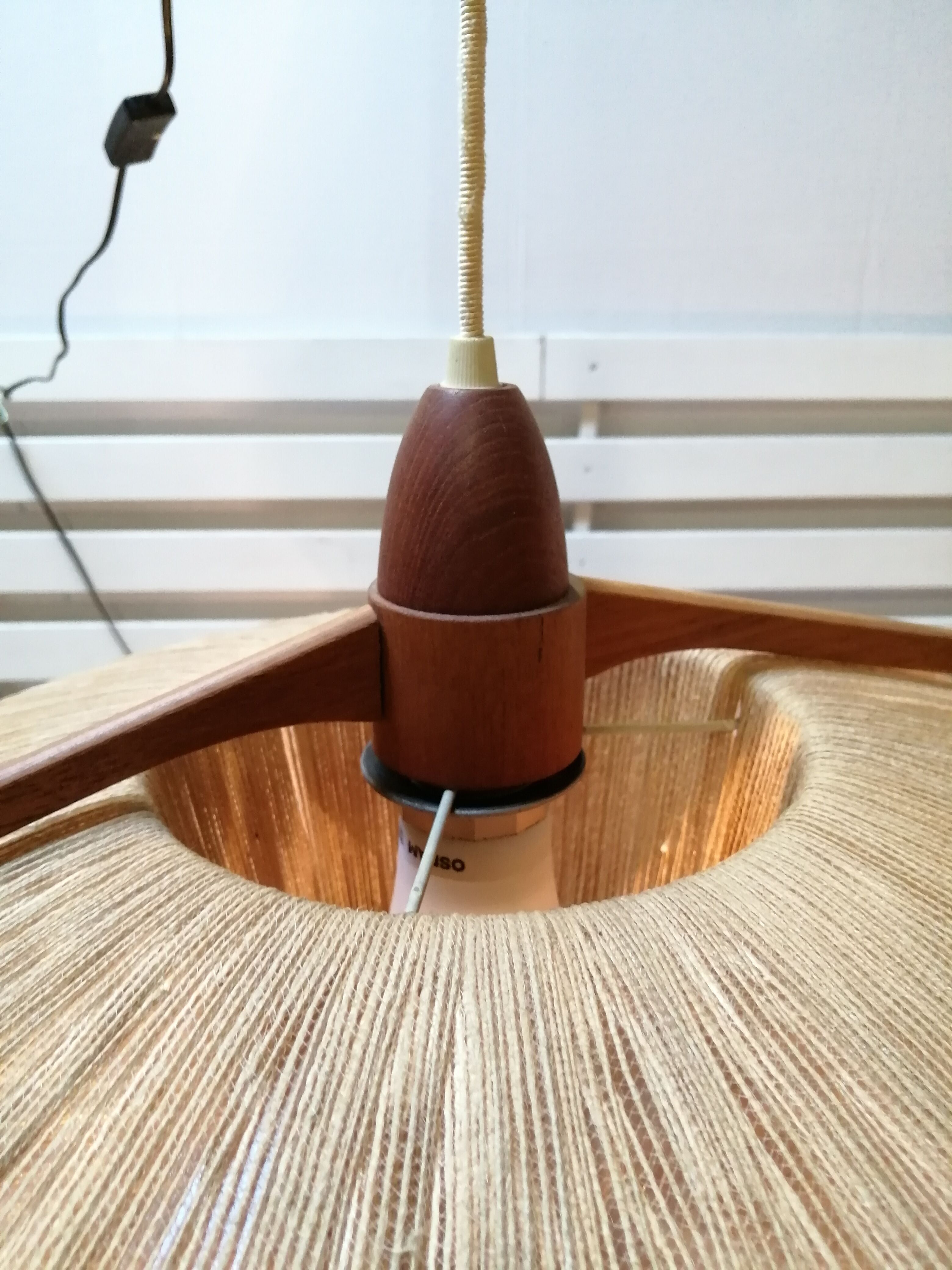 Sisal Ufo pendant lamp and vintage teak by Temde Leuchten