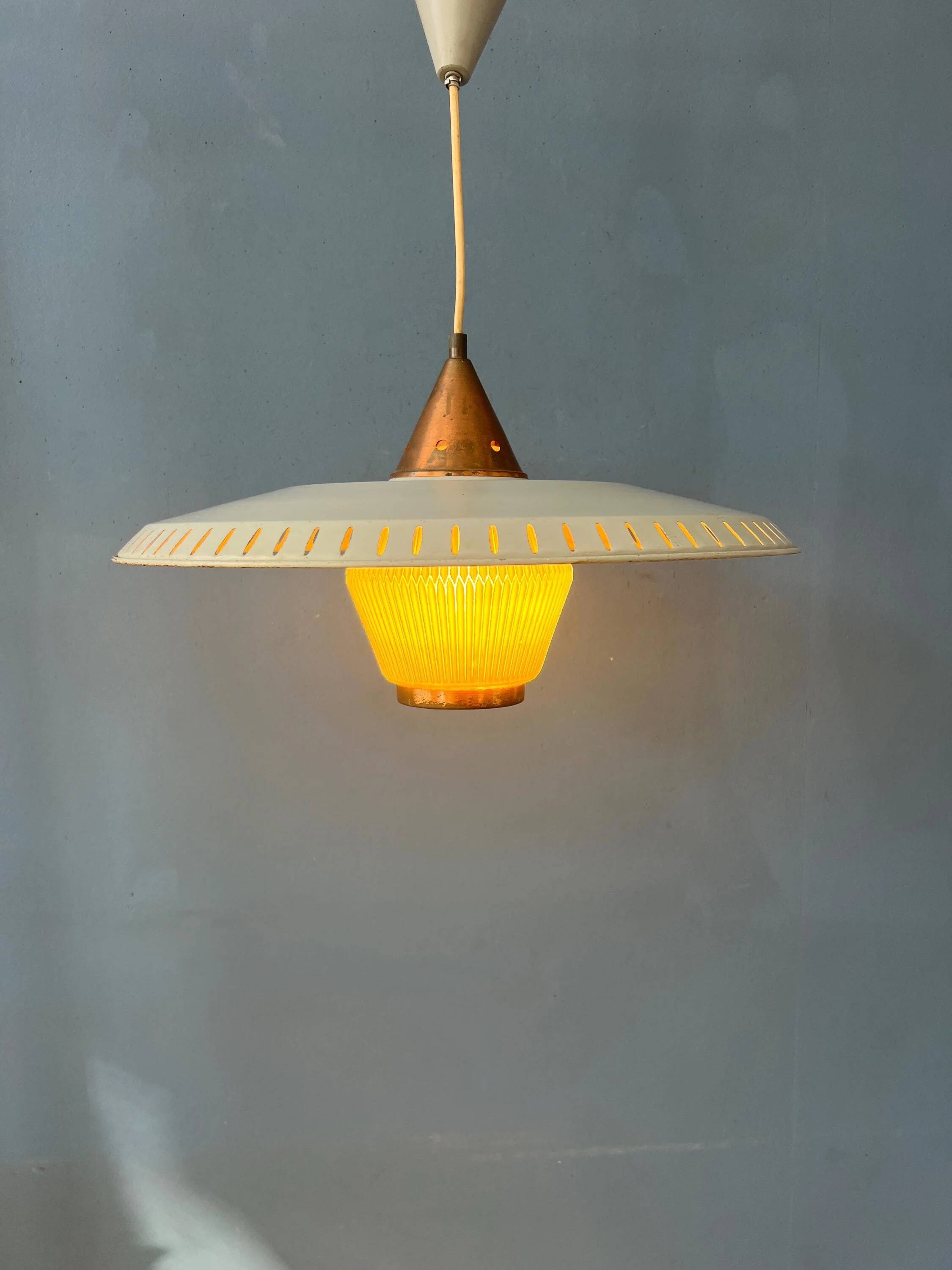 Vintage suspension by Louis Kalff in enamelled metal and opaline glass.