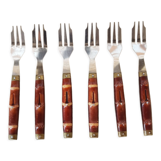 Set of 6 dessert forks handle vintage wood 1970