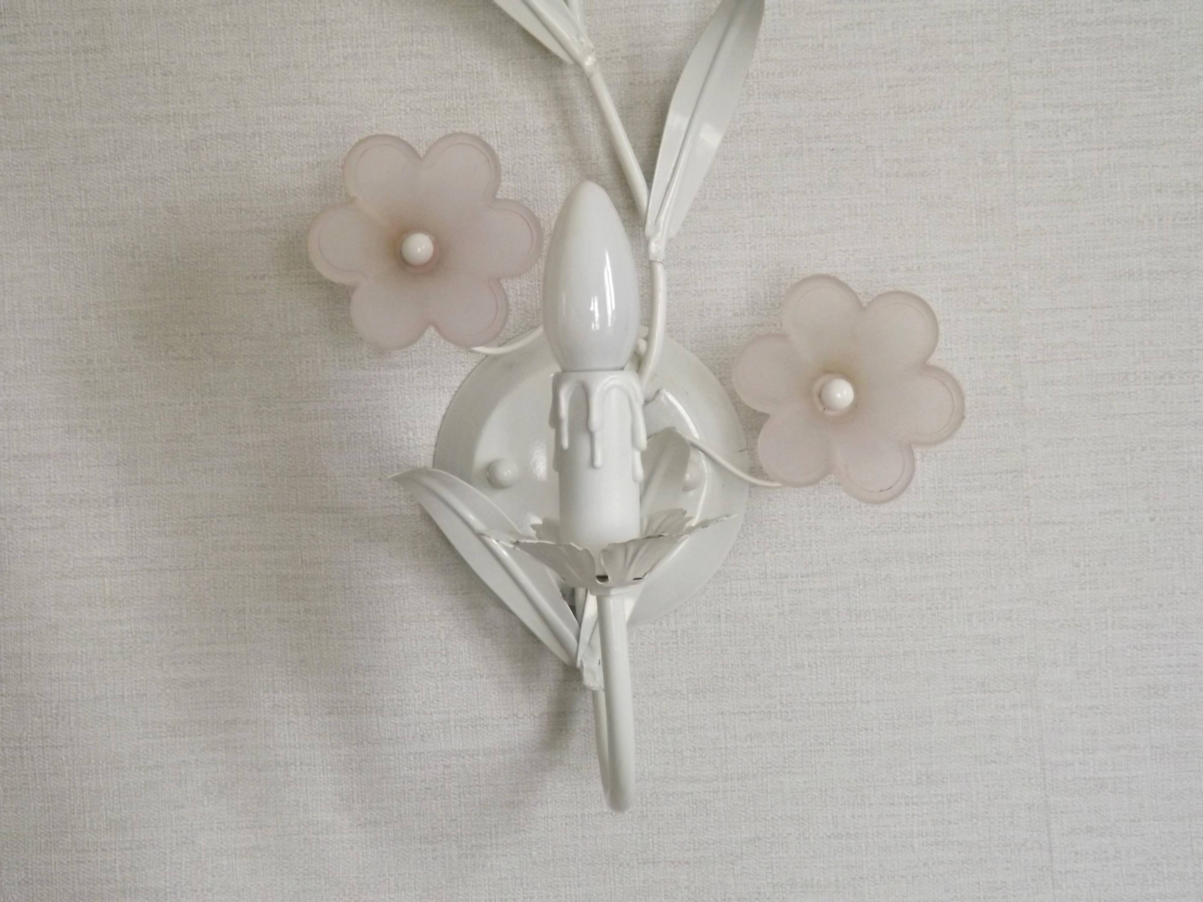 French vintage white metal double wall light with pink glass flowers 5438.