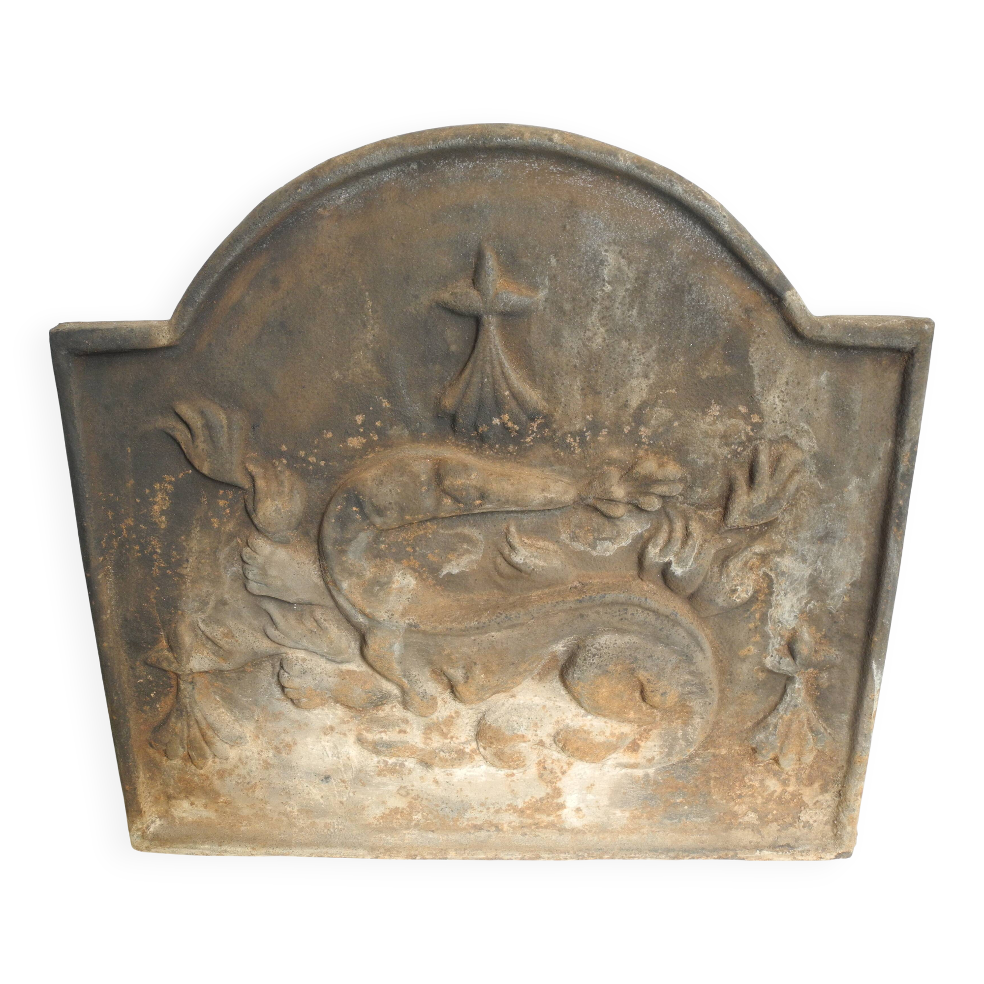 old cast iron fireback salamander fireplace plate
