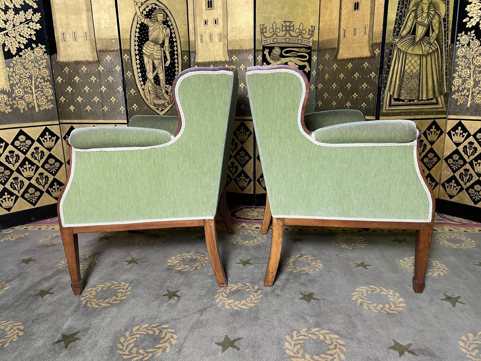 Pair of English armchairs green velvet