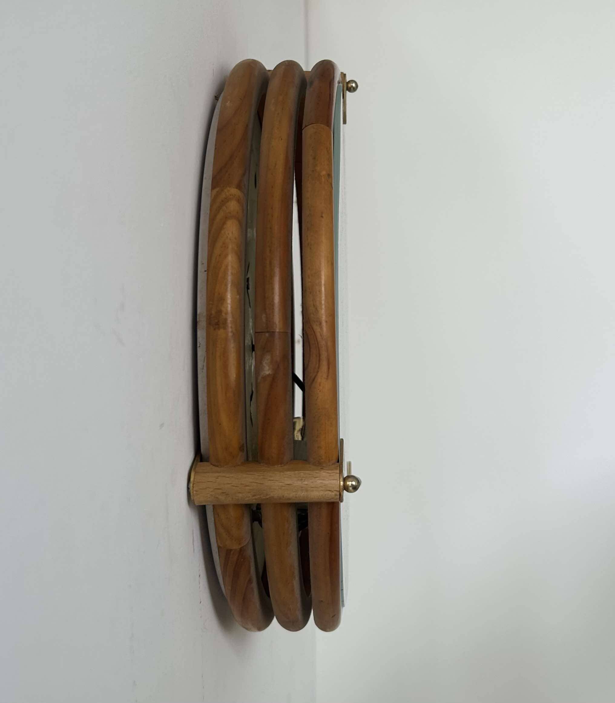 Vintage round wall light, wood, glass and brass, France 1980