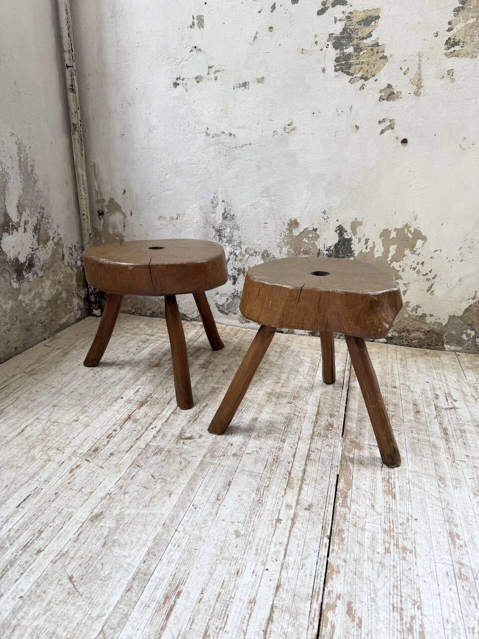 Pair of oak tripod shepherd's stools