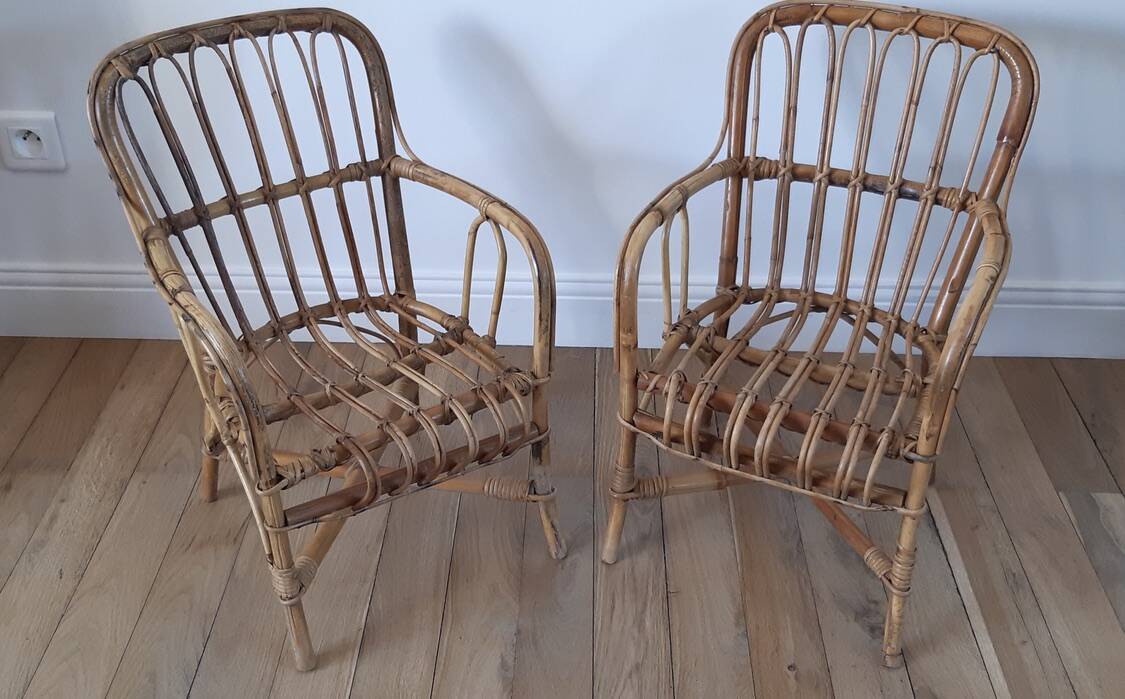 Pair of children's armchairs in rattan / bamboo honey color 60s