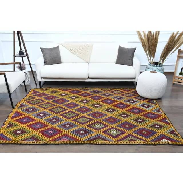 1970s Vintage Turkish Oushak Handmade Wool Cotton Yellow Area Rug 179x237