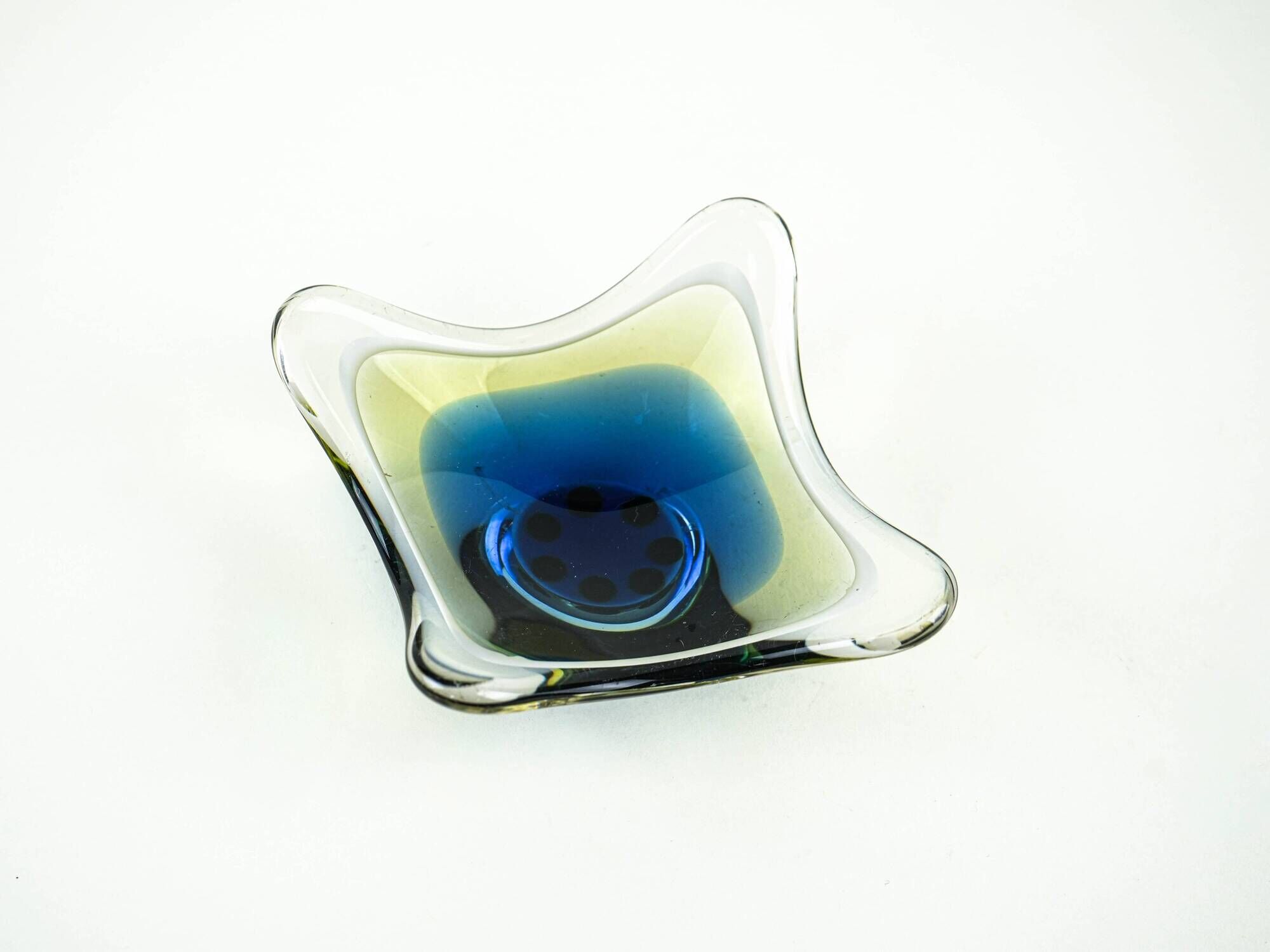 Art glass platter with organic form in blue and yellow, Europe, 1970s
