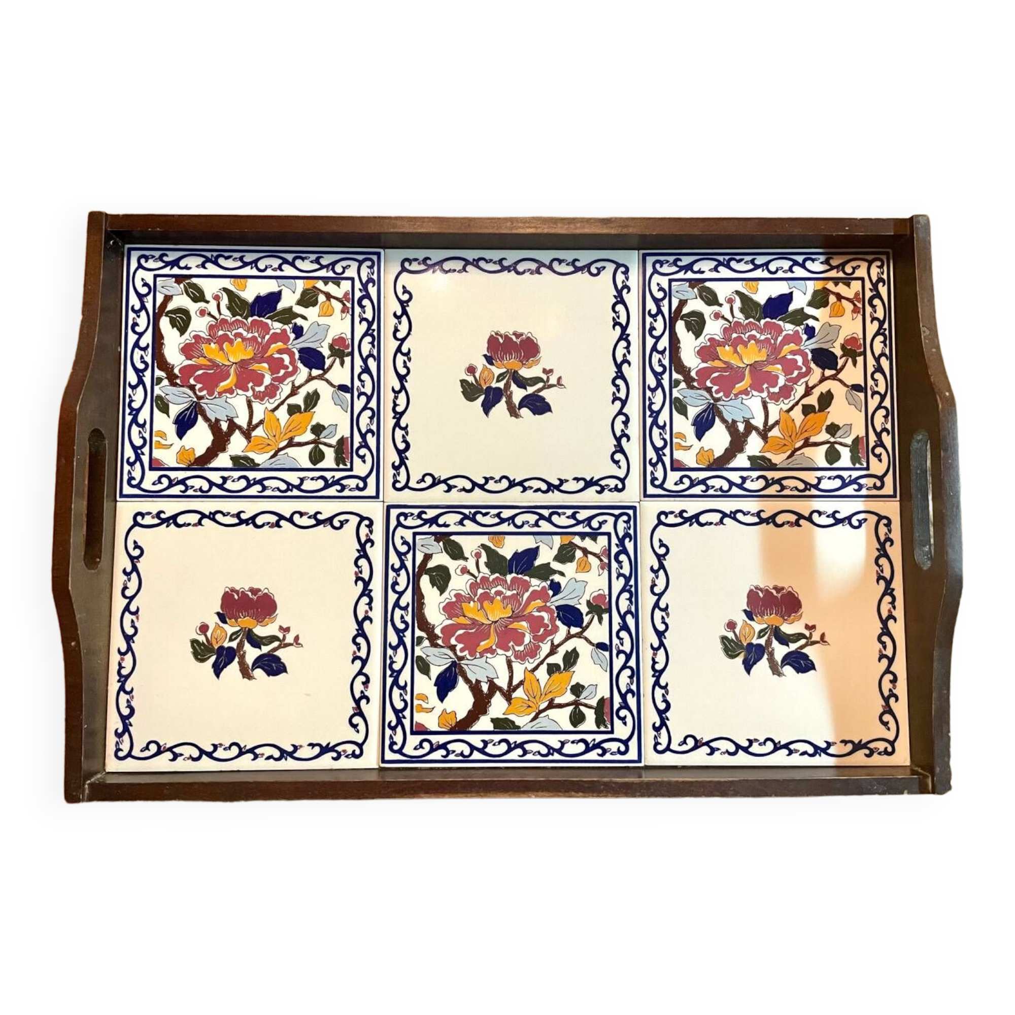 Petit Plateau Rectangulaire Mélamine - Décor Pivoines, Dimensions 20,5x13,5 Cm