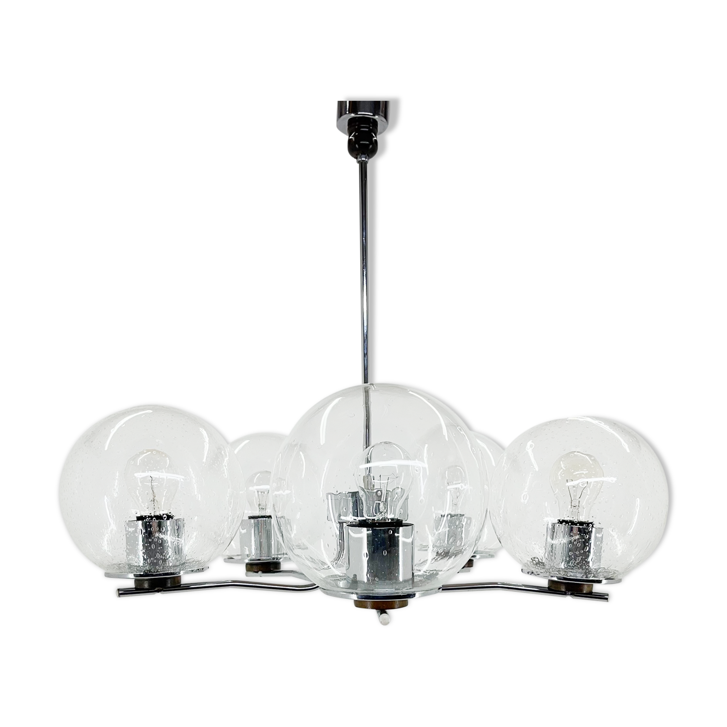 1970's Chrome & Clear Bubble Glass Five-Arm Chandelier