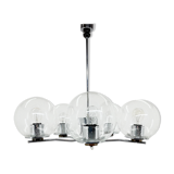 Lustre à cinq bras en verre à bulles chromé et transparent des années 1970