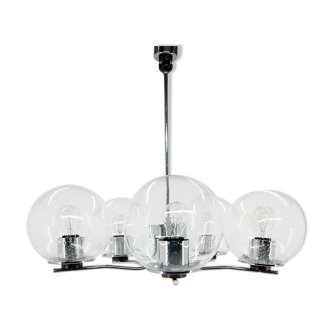 Lustre à cinq bras en verre à bulles transparent et chromé des années 1970