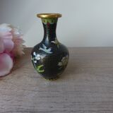 Miniature vase in black and gold cloisonné brass with peonies and flowers decor Vintage