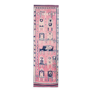 Tapis couloir vintage turc Oushak fait main en laine et coton rose des années 1970 100x333