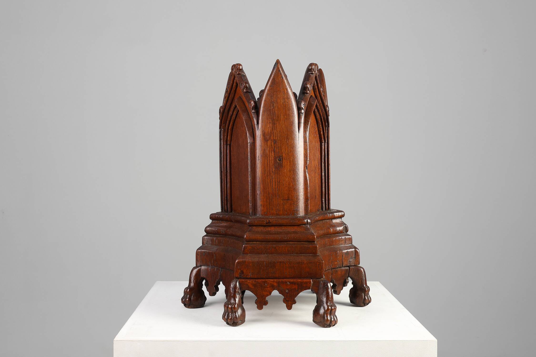 Neo-Gothic Oak Umbrella Stand with Sculptural Carving, France, 19th Century