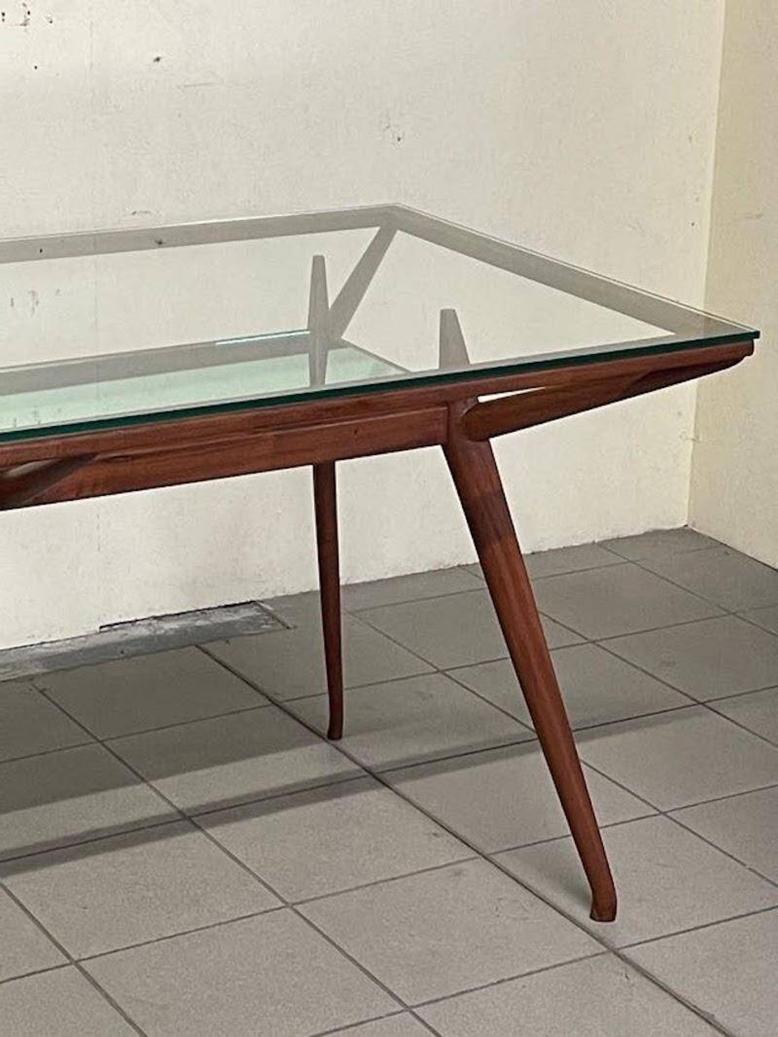 1950s Italian Wooden Table with Double Glass Top