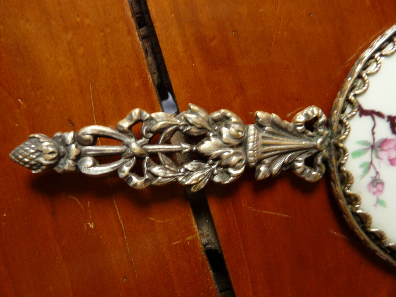 former silver bronze hand mirror - porcelain Limoges flower decoration