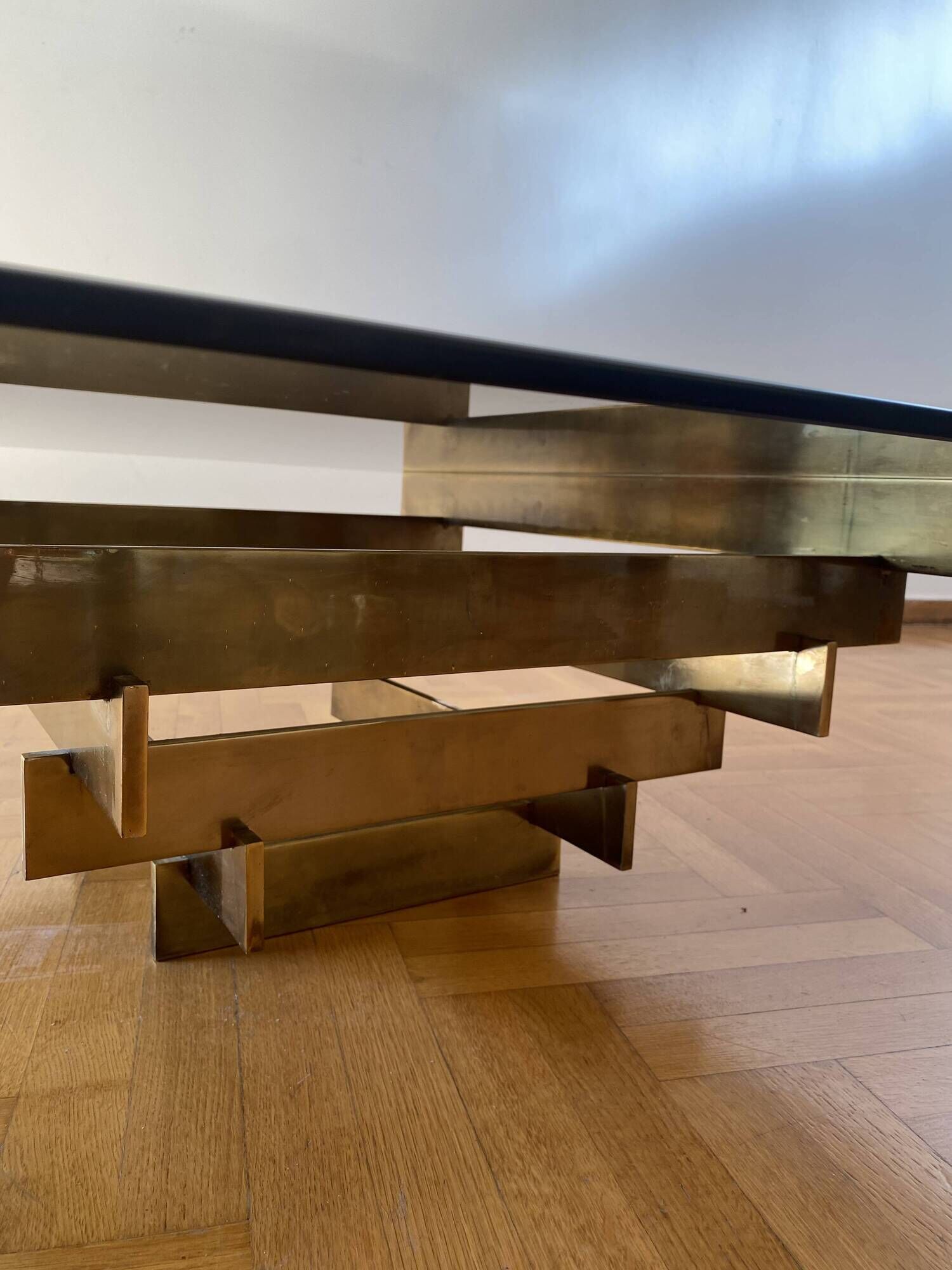 Vintage 1970s Square Coffee Table in Brass and Smoked Glass, David Hicks