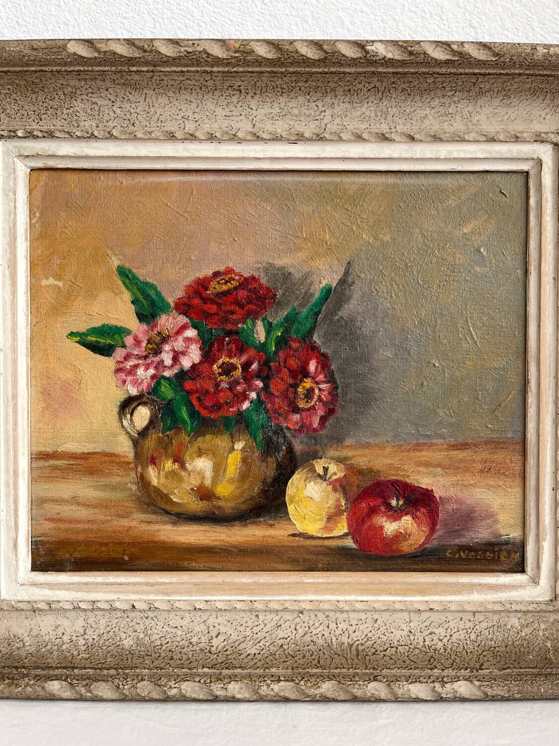Antique oil painting on canvas with flowers and apples