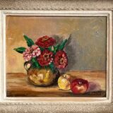Old oil painting on canvas flowers apples