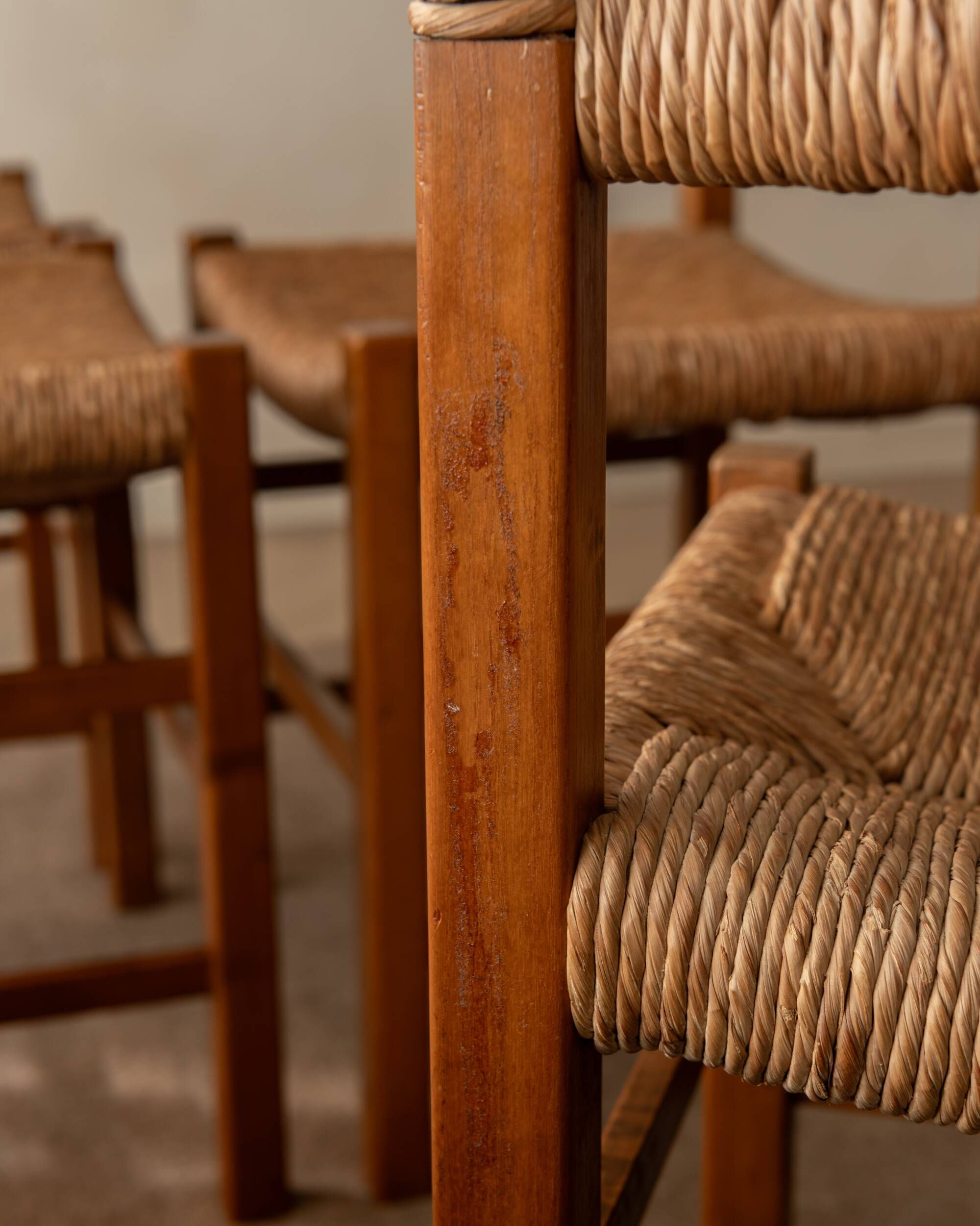 Vintage set of six French mid-century dining chairs in wood and rush, 1960s