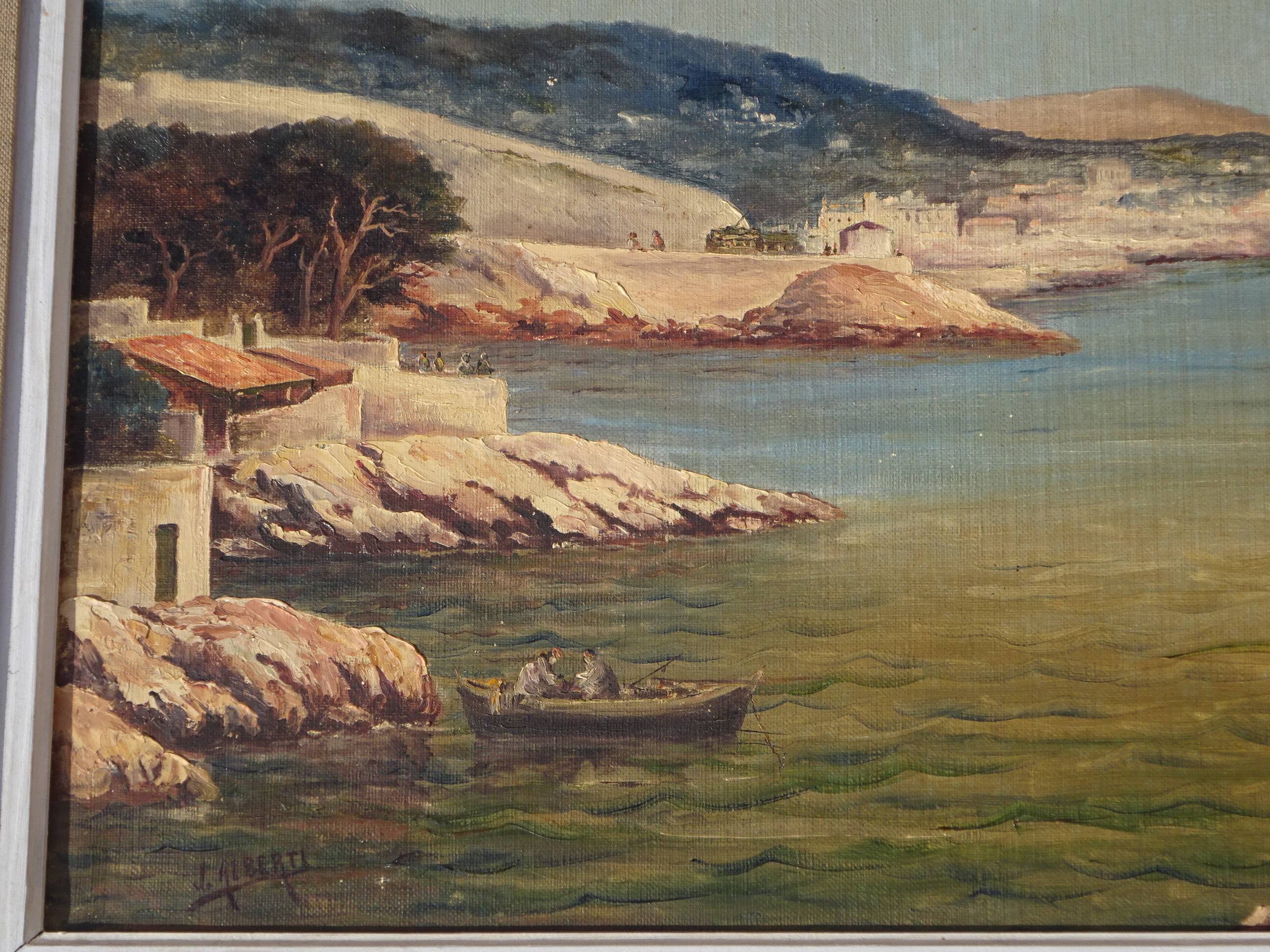 Huile sur toile du XIXème siècle, calanques, Méditerranée