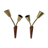 Pair of scandinavian midcentury wall lights sconces in brass & teak
